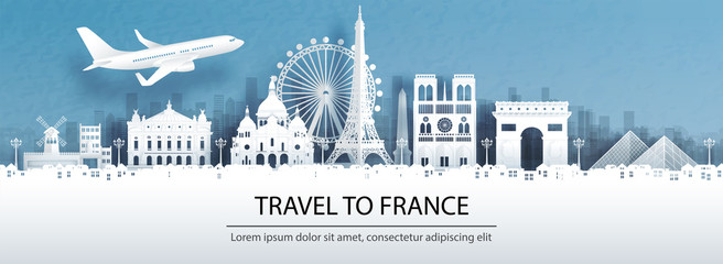 Fototapete - Travel advertising with travel to France concept with panorama view of Paris city skyline and world famous landmarks in paper cut style vector illustration.