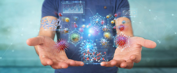 Poster - Businessman analyzing bacteria microscopic close-up 3D rendering