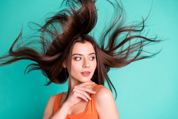 Wall Mural - Close up photo amazing beautiful her she lady weekend vacation wind blow hair flight healthy condition ponder pensive wondered wear casual orange tank-top isolated bright teal turquoise background