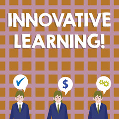 Poster - Conceptual hand writing showing Innovative Learning. Concept meaning Interdisciplinary teaching that stirs analytic thinking Businessmen has Speech Bubble with Optimization Cost Icons