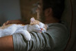 © tache - Cute smiling happy cat lying on the man's shoulder