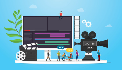Poster - film video production concept with team people and camera editing with team people with flat modern style - vector