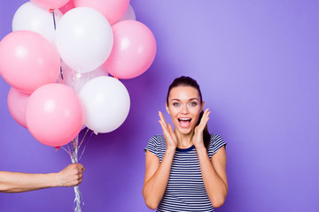 Sticker - Portrait of her she nice-looking attractive winsome lovable lovely charming cute cheerful cheery girl receiving helium balls from hand isolated over violet purple vivid shine bright background