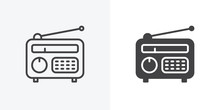 Retro Radio Icon. Line And Glyph Version, Outline And Filled Vector Sign. Old Radio With Antenna Linear And Full Pictogram. Symbol, Logo Illustration. Different Style Icons Set