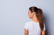 © deagreez - Close up back rear behind side profile view photo amazing beautiful she her lady look side empty space not smiling reliable person wear casual white t-shirt clothes isolated grey background