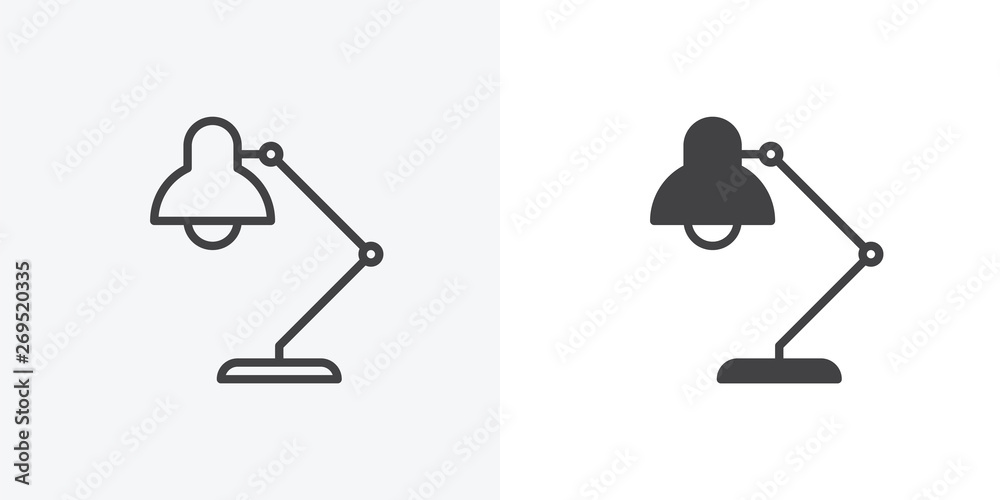 Desk lamp icon. line and glyph version, outline and filled vector sign. Table lamp linear and full pictogram. Symbol, logo illustration. Different style icons set - obrazy, fototapety, plakaty 