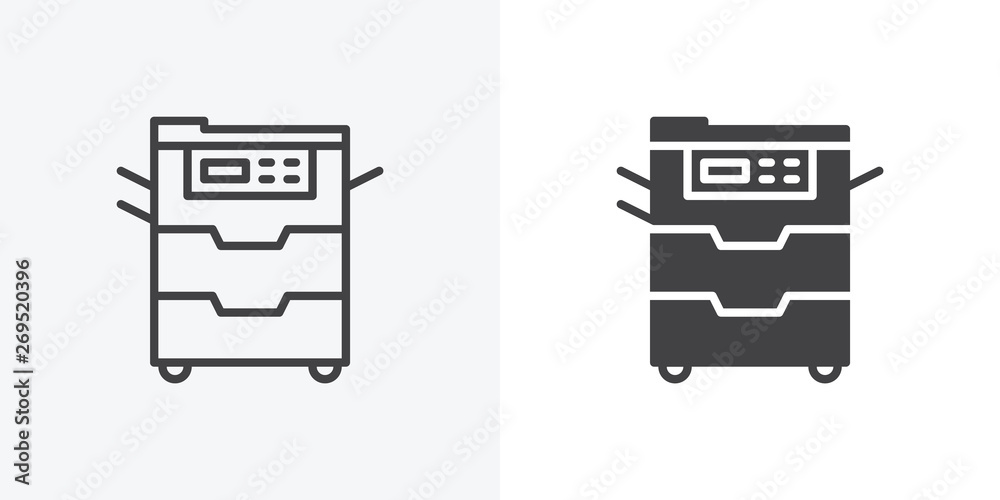 Office Copy machine icon. line and glyph version, Document copier outline and filled vector sign. linear and full pictogram. Symbol, logo illustration. Different style icons set - obrazy, fototapety, plakaty 