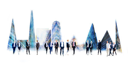 Canvas Print - Business people rushing in the City of London against on the skyscrapers. Beautiful abstract blurred image representing modern business life, success, moving concept.