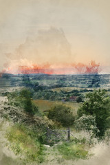 Canvas Print - Watercolor painting of English countryside rural landscape in Summer sunset light