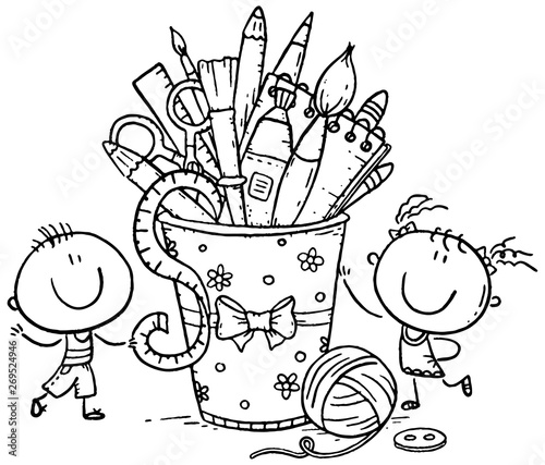Creative kids with crafting tools, black and white