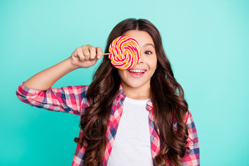 Canvas Print - Portrait astonished lovely little lady impressed incredible calories confectionery hide face wow omg unbelievable unexpected foolish funny childish carefree wear checked shirt isolated teal background