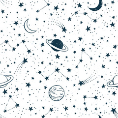 Wall Mural - seamless dark blue space pattern with planets, constellations and stars