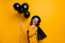 Close Up Side Profile Photo Beautiful She Her Lady Laugh Laughter Carry Packs Perfect Look Buy Buyer Present Gift Birthday Discount Wear Specs Formal-wear Costume Isolated Yellow Bright Background