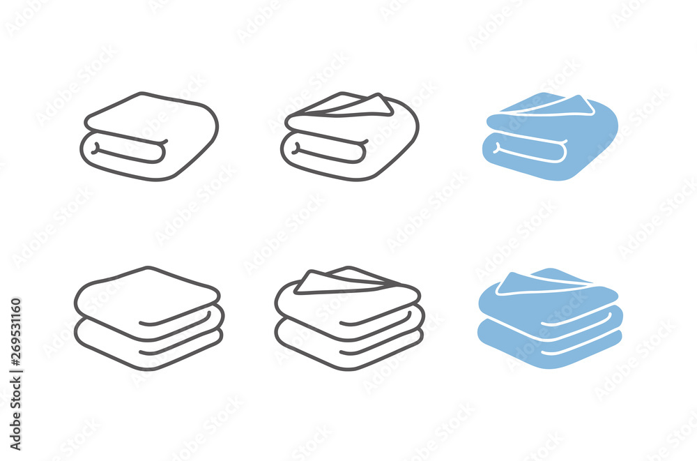 Set of towel vector illustrations. Folded towels in flat cartoon and line icon style, blanket, sheet - obrazy, fototapety, plakaty 
