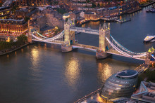 Tower Bridge And River Thames Aerial View At Magic Hour, London, United Kingdom .