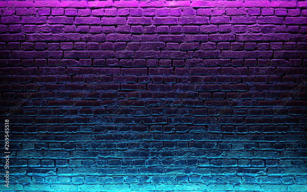 Modern futuristic neon lights on old grunge brick wall room background. 3d rendering - obrazy, fototapety, plakaty 