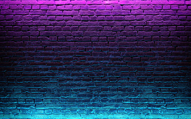 modern futuristic neon lights on old grunge brick wall room background. 3d rendering