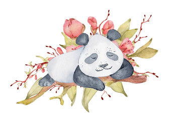 Canvas Print - Watercolor panda bear illustration with sakura flowers decor Cute animal