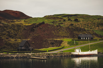 Stafkirkjan a fooden replica of nordic church given by Norway to iceland situated in the habour of Heimaey Westman Islands 