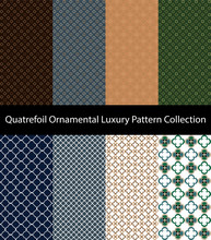 Collection Of Quatrefoil Ornamental Patterns. Decorative Luxury Floral Designs In Beige, Blue, Green And Brown Colors.
