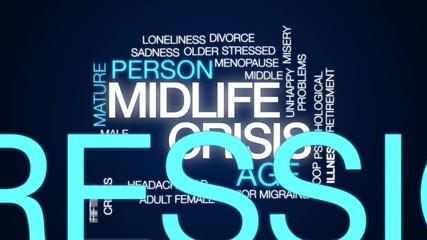 Poster - Midlife crisis animated word cloud. Kinetic typography.