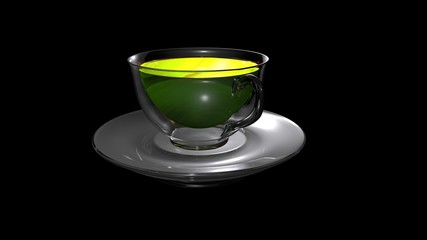 Shining glass cup of hot aromatic tea placed over a transparent saucer