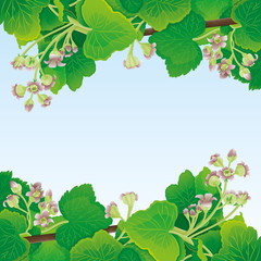 Poster - Frame of currant leaves and flowers on a blue background.