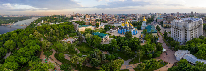 Wall Mural - Aerial view of St. Michael's Cathedral, Ministry of Foreign Affairs, Saint Sophia Cathedral, Pedestrian Bridge and the slopes of the Dnieper River, Kyiv, Ukraine