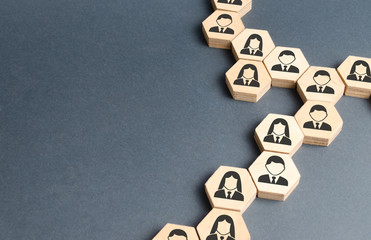 symbols of employees on the chains of hexagons. the concept of business connections. team building, 