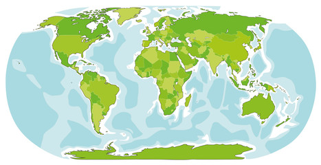 Poster - World map hand drawn illustration. Cartoon style. Green color