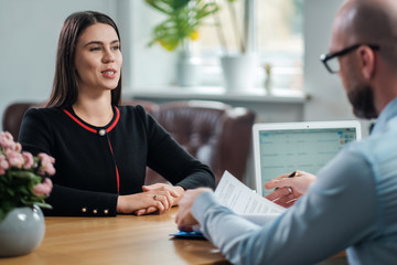 Poster - Beautiful brunette woman attending job interview