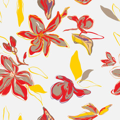 Floral palm leaves and flowers in red yellow colors pattern. Tropical summer exotic decoratio.  Botanical nature wallpaper texture. Banana plant  vector art