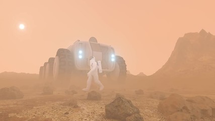 Wall Mural - astronaut on desolate mars like planet surface, walks from right to left with an all terrain vehicle