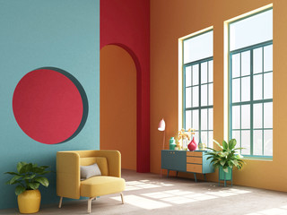 Interior concept of memphis design colorful, Armchair with console and prop. 3d render