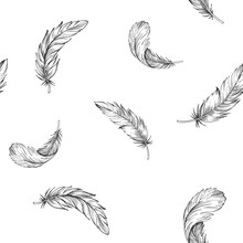 Seamless Pattern With Grey Outline Of Bird Feathers. Hand Drawn Vector Illustration