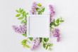© maria_lh - Flat lay square picture frame with branches of lilac and branches with green leaves on a white background
