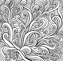 Coloring Page Abstract, Black White Decorative Doodles Waves Background. Isolated Pattern. Vector Hand Drawn Texture With Maze Waves.