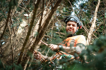 Tree surgeon hanging from ropes in the crown of a tree using a chainsaw to cut branches down. The adult male is wearing full safety equipment.