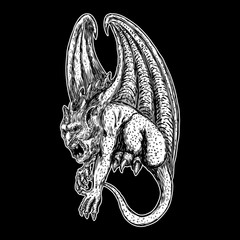 Wall Mural - Mythological ancient gargoyle creatures human and dragon like chimera with bat wings and horns. Mythical gargouille with sharp fangs and claws in seating position. Engraved hand drawn sketch. Vector.
