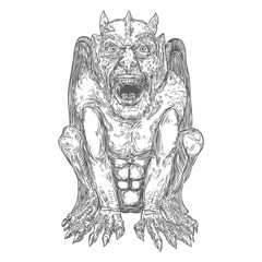 Wall Mural - Gargoyle in sitting aggressive position to attack  Human and dragon bat like demon Chimera fantastic beast creature with horns fangs and claws. Hand drawn gothic guardians at medieval. Vector