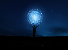  Concept Global Network Connection In Hands On Night Sky Background .soft Focus Picture .Blue Tone Concept