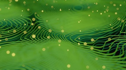 Aufkleber - Green colored abstract background with bright particles. Deformed wavy wires with motion glowing elements. Depth of field. 3D render loop animation. 4K, Ultra HD resolution.
