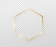 © zaie - Golden border frame with light shadow and light affects. Gold decoration in minimal style. Graphic metal foil element in geometric thin line polygon, hexagon shape