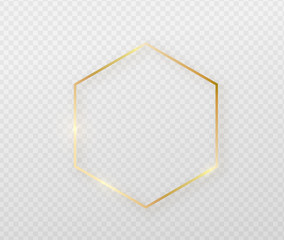 Poster - Golden border frame with light shadow and light affects. Gold decoration in minimal style. Graphic metal foil element in geometric thin line polygon, hexagon shape