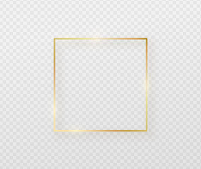 Poster - Golden border frame with light shadow and light affects. Gold decoration in minimal style. Graphic metal foil element in geometric thin line square shape
