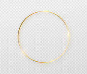 Poster - Golden border frame with light shadow and light affects. Gold decoration in minimal style. Graphic metal foil element in geometric thin line circle, round shape