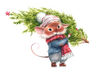watercolor illustration of a mouse, a symbol of 2020, carrying the christmas tree a white background