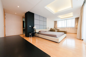 Bedroom interior, evening lighting