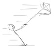 © Zdenek Sasek - Vector cartoon stick figure drawing conceptual illustration of man flying kite and pulled away in strong wind.