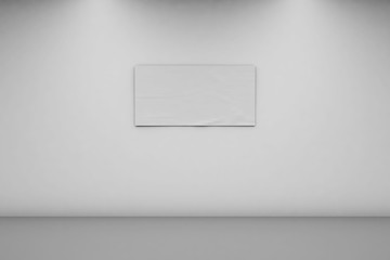 Blank Banner 1 x 2 on a white wall. Horizontal banner in an empty room. 3d illustration, front view.